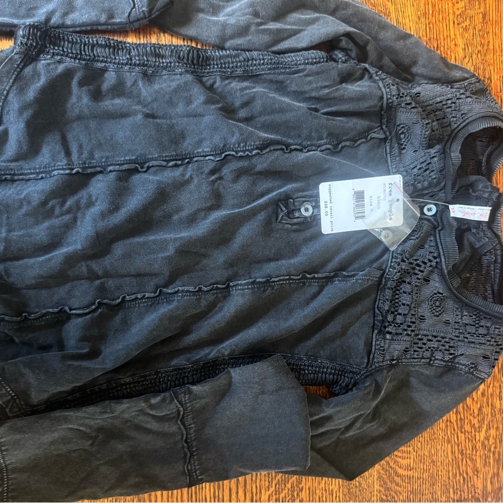 Free People Black Crochet Yoke Button-Down Top